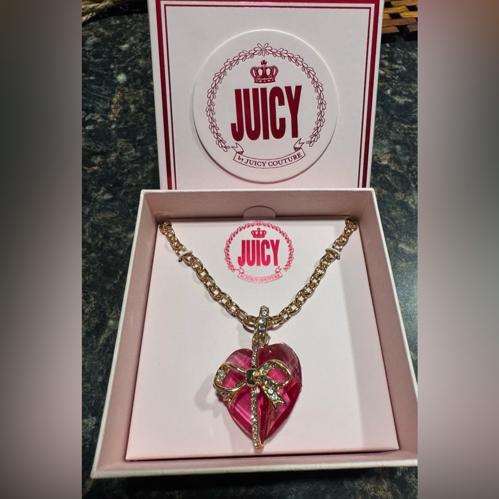 Juicy Couture Gold Necklace with Pink Heart and Bow